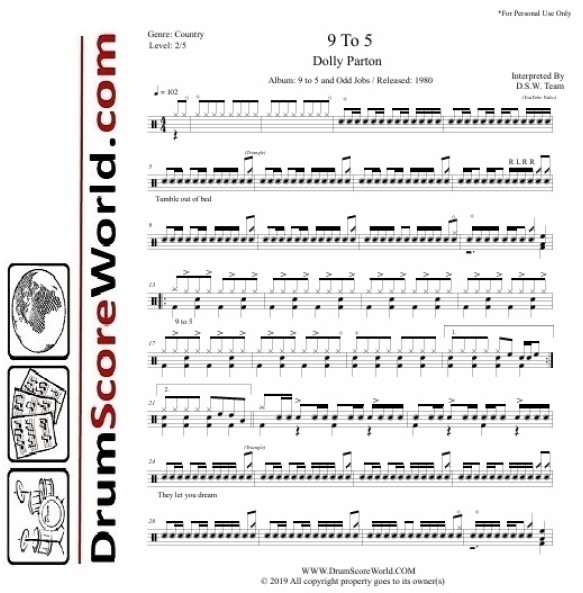 Dolly Parton - 9 To 5 - Drum Sheet + Play-Along Track